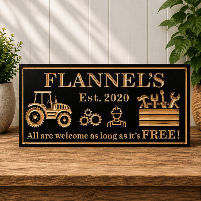 Personalized farm sign handcrafted with CNC engraving, custom barn sign for ranches, homesteads, tractor sheds, workshops, and rural property entrances.