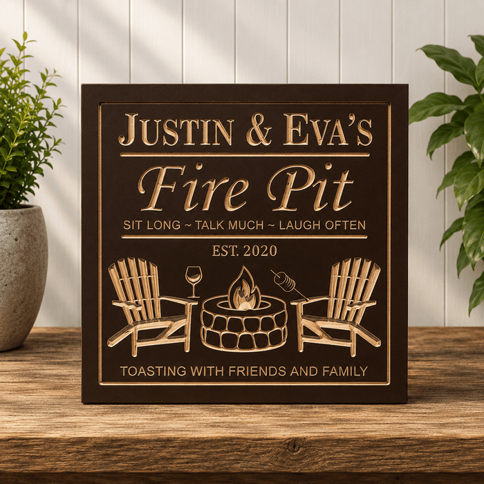 Personalized backyard fire pit sign handcrafted with CNC engraving, custom outdoor wood sign for patios, decks, porches, backyard entertaining, and family gathering spaces.