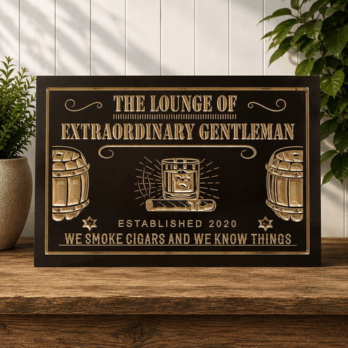 Custom engraved cigar lounge sign, personalized wood cigar bar sign handcrafted with CNC engraving for home lounges, man caves, bourbon bars, and luxury smoking rooms by The Humble Chisel.