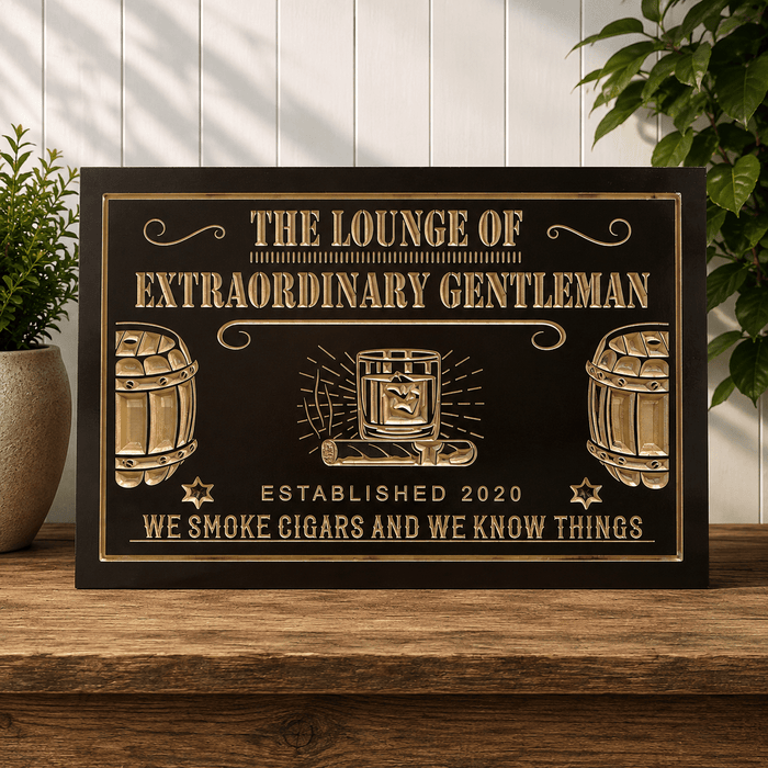 Custom engraved cigar lounge sign, personalized wood cigar bar sign handcrafted with CNC engraving for home lounges, man caves, bourbon bars, and luxury smoking rooms by The Humble Chisel.