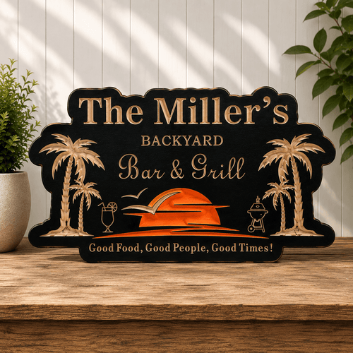 Custom wood engraved backyard bar sign featuring a personalized sunset design, handcrafted CNC carved wood sign for outdoor patio decor, tiki bars, poolside entertaining, and backyard living by The Humble Chisel.