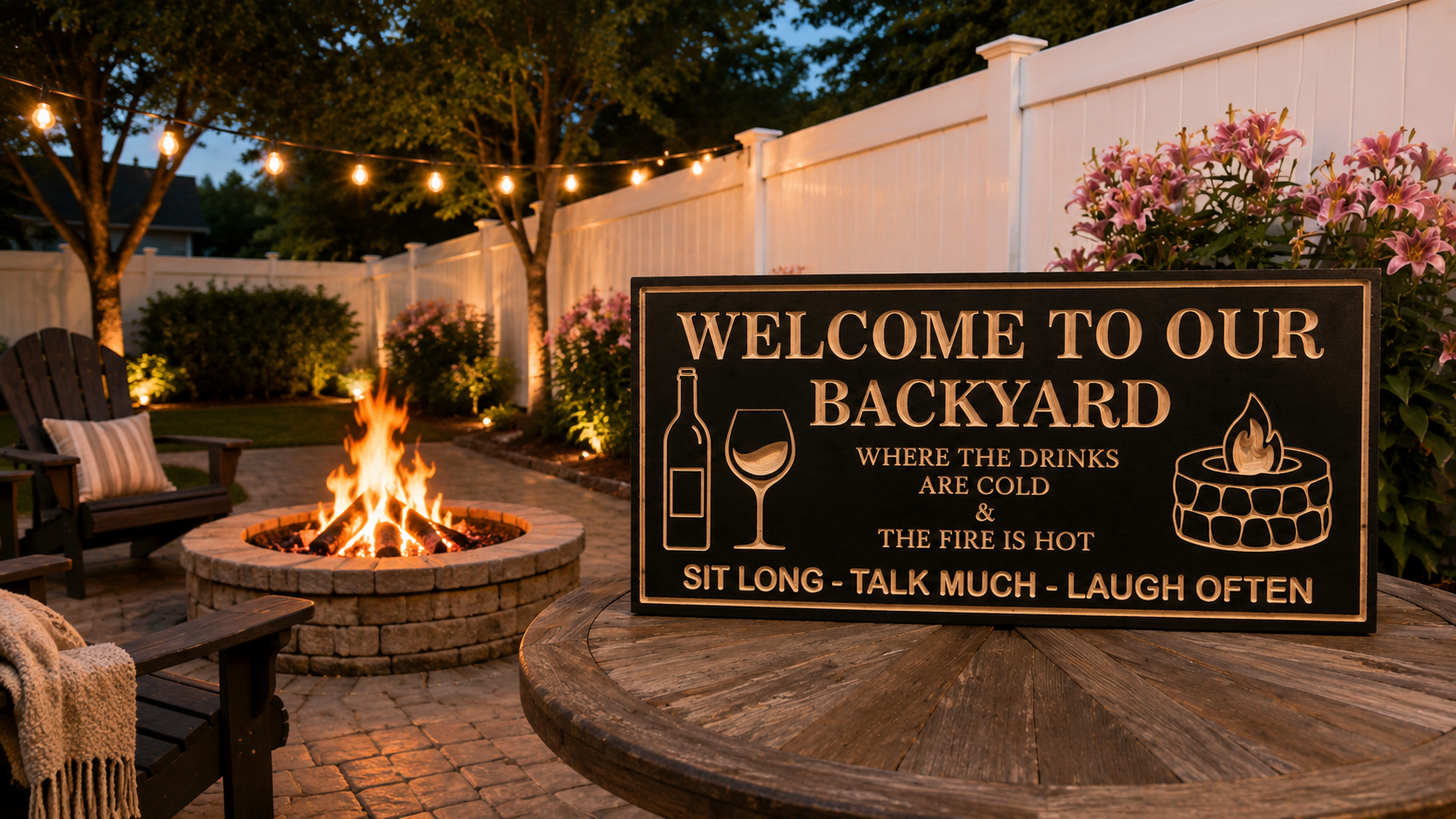 A rectangular black wooden sign with gold lettering and graphics stands on a round wooden table in a backyard patio setting. The sign reads, 'WELCOME TO OUR BACKYARD WHERE THE DRINKS ARE COLD & THE FIRE IS HOT SIT LONG - TALK MUCH - LAUGH OFTEN' with illustrations of a wine bottle, wine glass, and a fire pit.