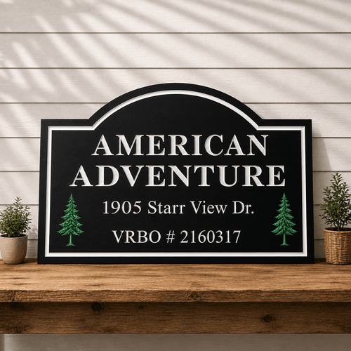Custom engraved business sign with personalized company name and address, handcrafted outdoor sign for offices, storefronts, vacation rentals, driveways, and commercial properties by The Humble Chisel.