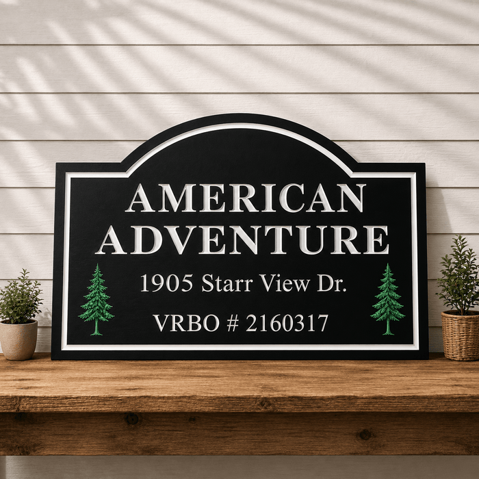 Custom engraved business sign with personalized company name and address, handcrafted outdoor sign for offices, storefronts, vacation rentals, driveways, and commercial properties by The Humble Chisel.