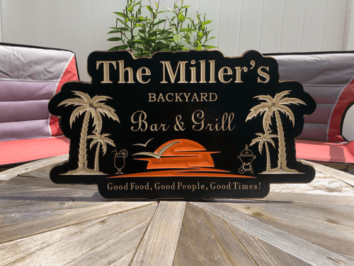 Custom engraved backyard bar sign with personalized family name, handcrafted wood and PVC outdoor patio and tiki bar decor.