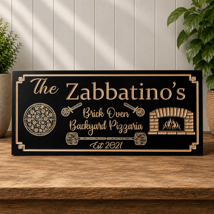Personalized outdoor pizza oven sign handcrafted with CNC engraving, custom backyard kitchen sign for brick ovens, patios, decks, and outdoor entertaining spaces.