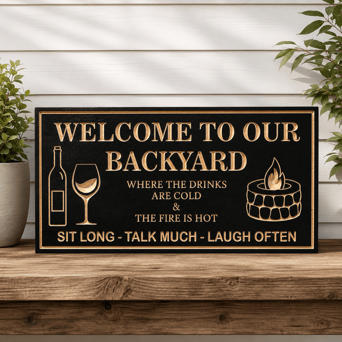 Custom engraved backyard welcome sign personalized for outdoor patio decor, handcrafted CNC carved wood sign with weatherproof finish by The Humble Chisel.